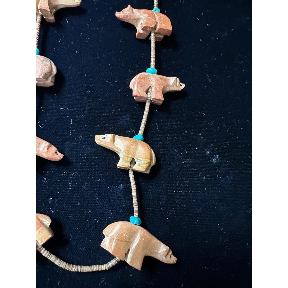 Southwestern Bear Fetish Necklace Carved Stone, Turquoise & Heishi - Picture 2 of 7